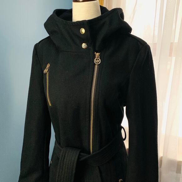 Michael Kors Black Belted Wool Pea Coat Size 6 - Picture 3 of 8